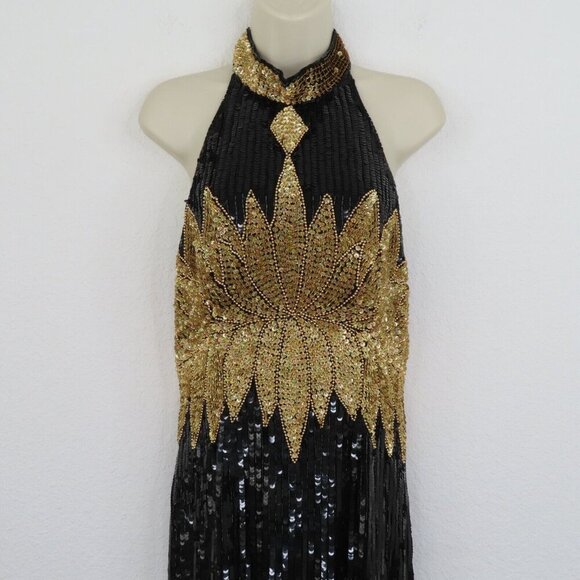 Vintage Nikhil Womens Large Silk Black Gold Sequin Beaded High Neck Dress NEW - Picture 2 of 13